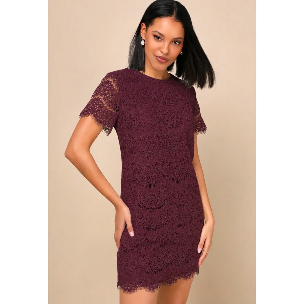 Lulus Take Me to Brunch Lace Shift Dress Burgundy Medium Womens Wedding Guest